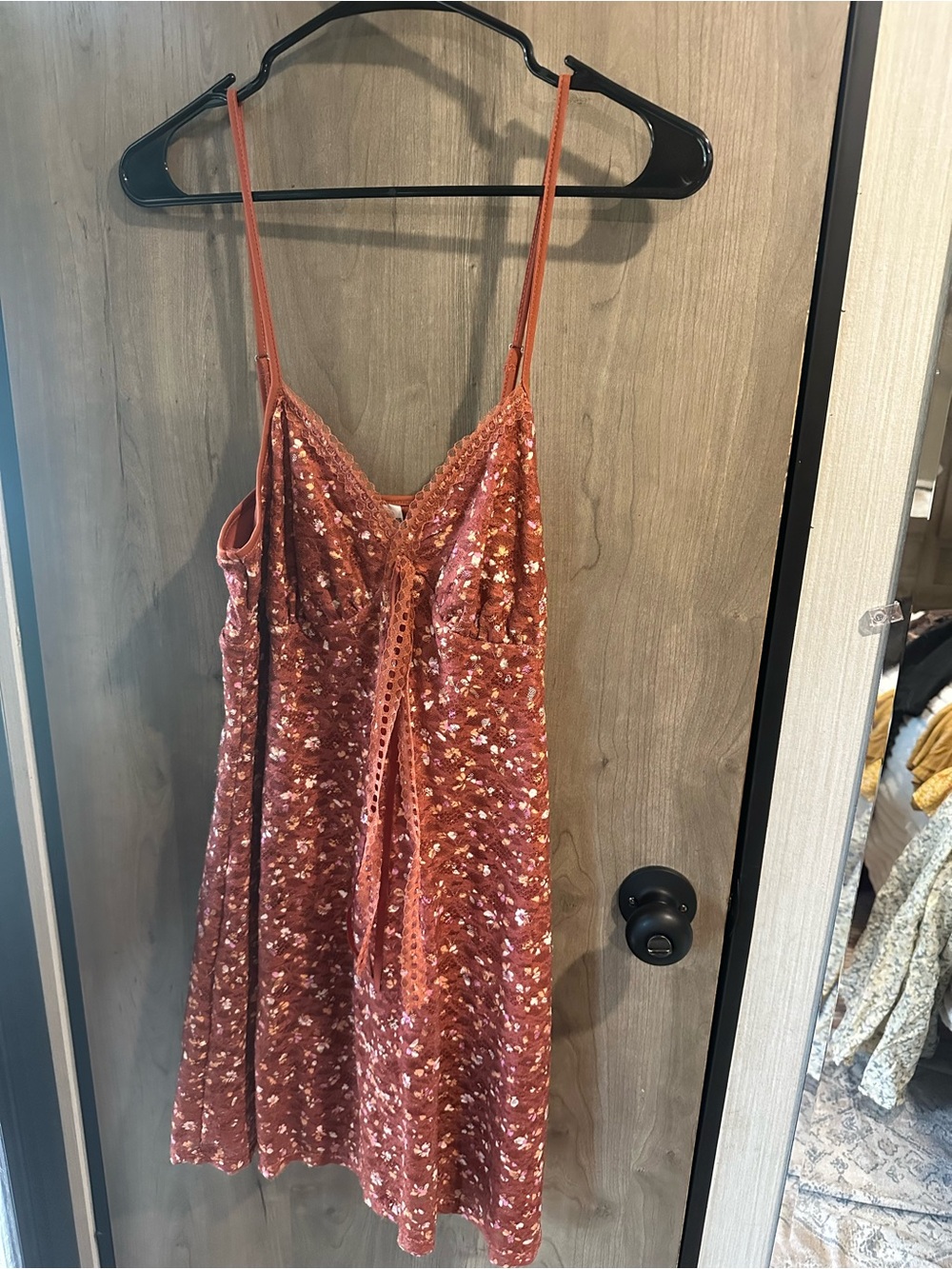 No Boundaries Rust Floral Lace-Trim Mini Dress